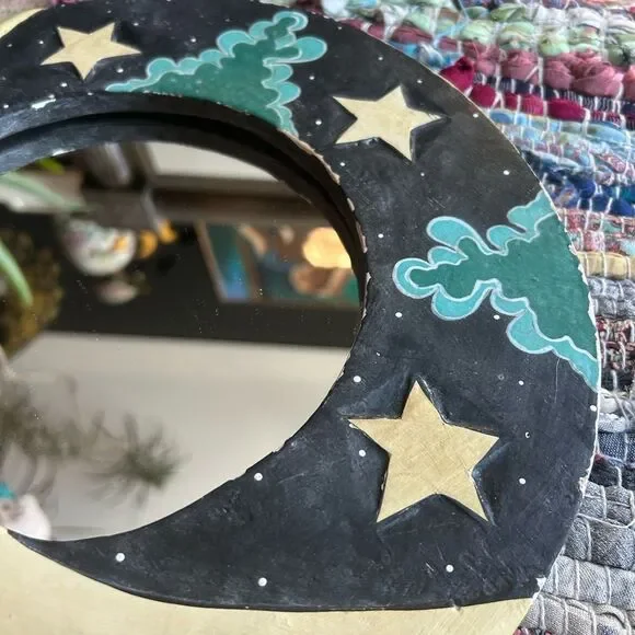 Vintage 90s 11.5" Handcarved Celestial Moon Stars Wall Mirror Indonesia Whimsy - Picture 12 of 16